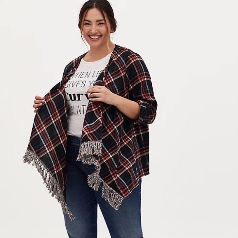 Torrid Plaid Flannel Fringe Long Sleeve Kimono